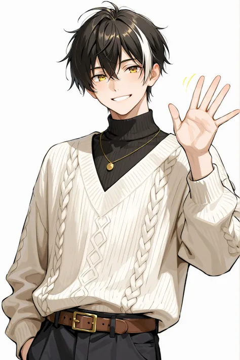 (masterpiece、Highest Quality、high resolution、white background)Cowboy Shot、solo shot、30 years old、 male、 youth、Adult、black short hair、 streaked hair、soft hair、with golden eyes、Gentle smile、black turtleneck、V neck loop knit White sweater、belt、pants、waving