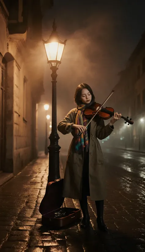 Cinematic night photograph of a lone female street musician standing directly under a glowing vintage street lamp, her face partially illuminated by its warm amber light while the rest of her features fade into shadow, playing a violin with eyes closed in ...
