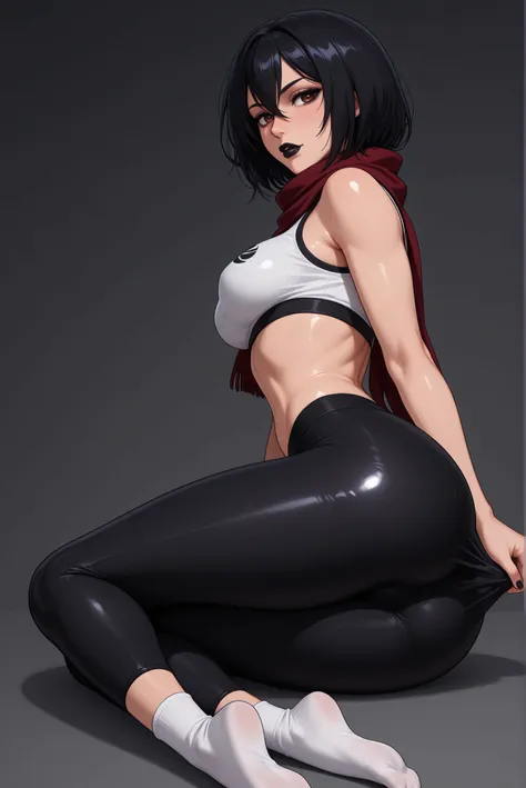 Mikasa wearing black yoga pants, no shoes, white socks, shiny sports top, black lipstick, socks pulled over leggings 