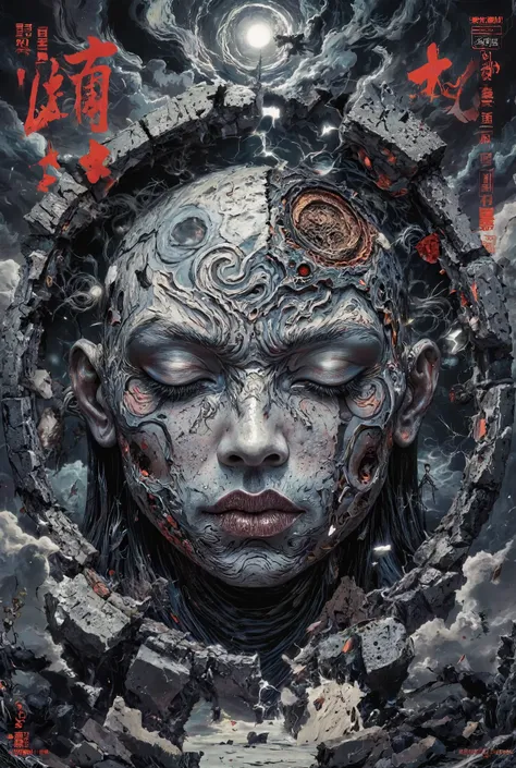 Japanese Manga style Poster with bold large fonts and graphics, This is a digital artwork depicting an ethereal, surreal scene of a moon-like figure emerging from a broken, crumbling circle. The moon-like figure has a serene, almost haunting expression, wi...