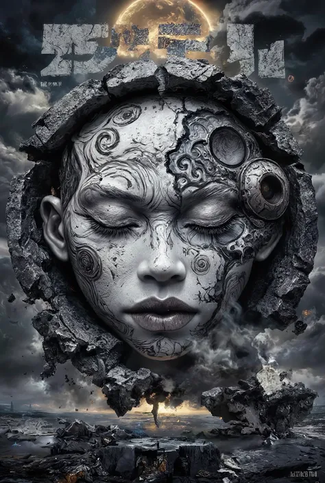 Japanese Manga style Poster with bold large fonts and graphics, This is a digital artwork depicting an ethereal, surreal scene of a moon-like figure emerging from a broken, crumbling circle. The moon-like figure has a serene, almost haunting expression, wi...