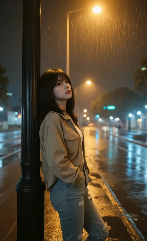 High Quality, Excellent Workmanship, Detailed Photography, Close-up 3/4 Shot of a beautiful realistic teenage girl leaning against a lamppost, looking up at the pouring rain, alone under a lone streetlight on an empty city street at night. Her delicate fac...