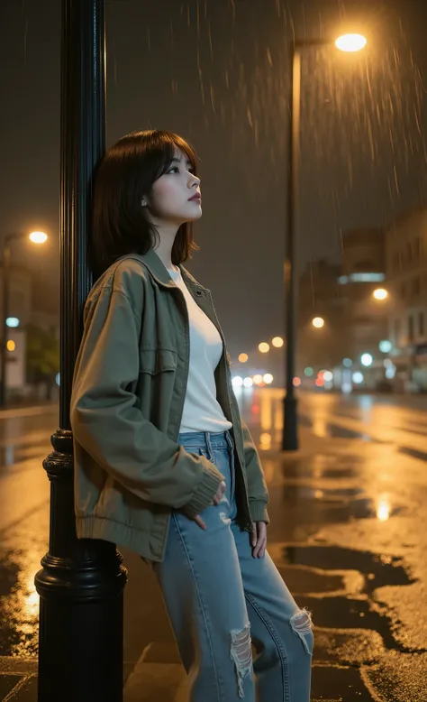 High Quality, Excellent Workmanship, Detailed Photography, Close-up 3/4 Shot of a beautiful realistic teenage girl leaning against a lamppost, looking up at the pouring rain, alone under a lone streetlight on an empty city street at night. Her delicate fac...