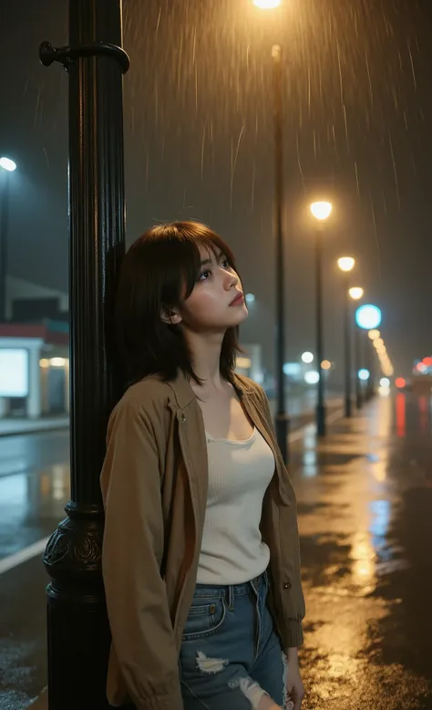 High Quality, Excellent Workmanship, Detailed Photography, Close-up 3/4 Shot of a beautiful realistic teenage girl leaning against a lamppost, looking up at the pouring rain, alone under a lone streetlight on an empty city street at night. Her delicate fac...