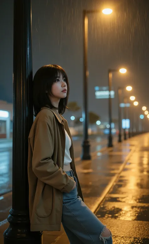 High Quality, Excellent Workmanship, Detailed Photography, Close-up 3/4 Shot of a beautiful realistic teenage girl leaning against a lamppost, looking up at the pouring rain, alone under a lone streetlight on an empty city street at night. Her delicate fac...
