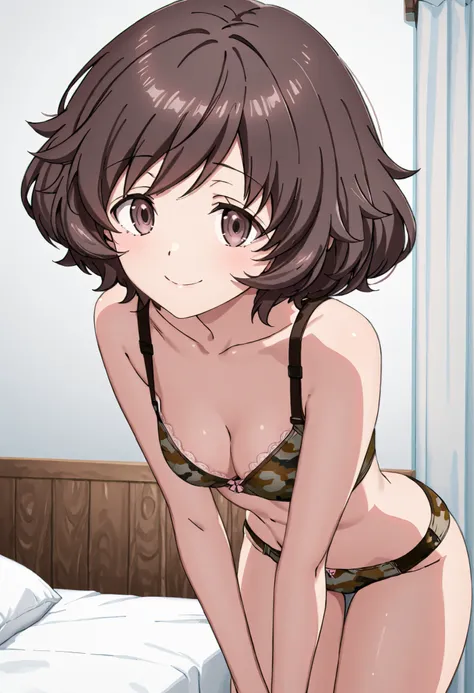 masterpiece, Highest Quality, Newest, 8K image、real、Indoor、Bed 、Standing、Akiyama Yukari 、1 person、solo、 Smile Yan、closed mouth、Cowboy Shot、Camouflage underwear、(Bra、panties:1.3)、 Smile Yan、closed mouth、Cowboy Shot、(leaning forward:1.5),cleavage、small breas...