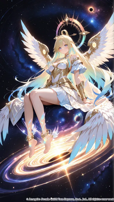 inside a giant spiral galaxy, an angelic woman glides gracefully on a star's arm. their wings shine in constellations, each feather is a small galaxy. they wear elegant armor made of rainbow-colored meteorites, their faces are gentle and sacred. behind the...