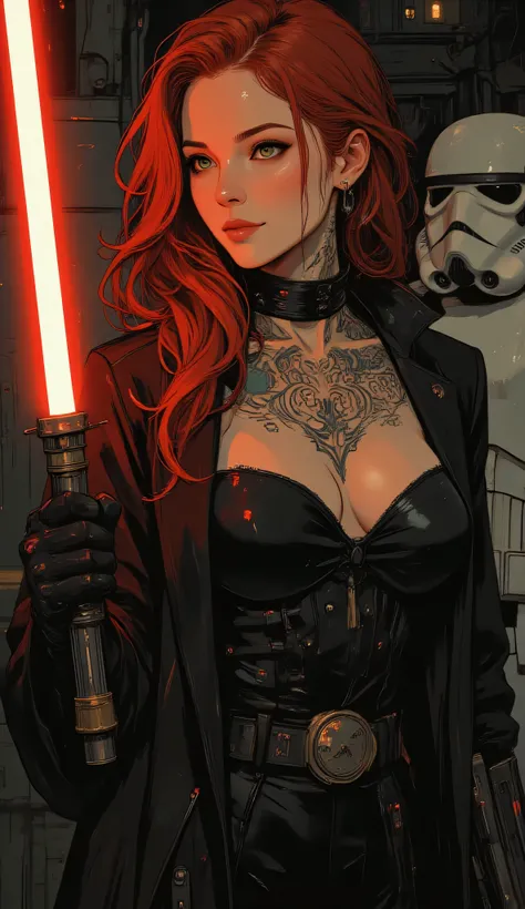 Score_9, score_8_up, score_7_up, ((highest quality)), ((masterpiece)), Perfect Face, (High definition), (Best Shadow), 8k, cinematic. a woman sith,Mara Jade, beautiful woman, red wavy hair, green eyes and white skin, black tattooed body, wears the classic ...