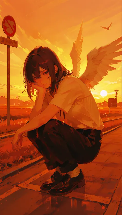 An anime character with wings that flies over a road sign with a man and a dog, Makoto Shinkai作「Makoto Shinkai art style, Makoto Shinkai作「Makoto Shinkai!!, Makoto Shinkai作「Makoto Shinkai style, Makoto Shinkai作「Makoto Shinkai!, style of Makoto Shinkai作「Mako...