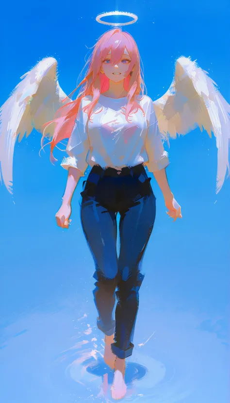 suggests a carefree and free walk, angel wings against a bright blue background I'm walking barefoot. 彼の服装teethカジュアルです, It consists of a loose white shirt with rolled up sleeves and dark blue pants. In one hand, 彼teeth靴を持っています, teeth、emphasizes themes of g...