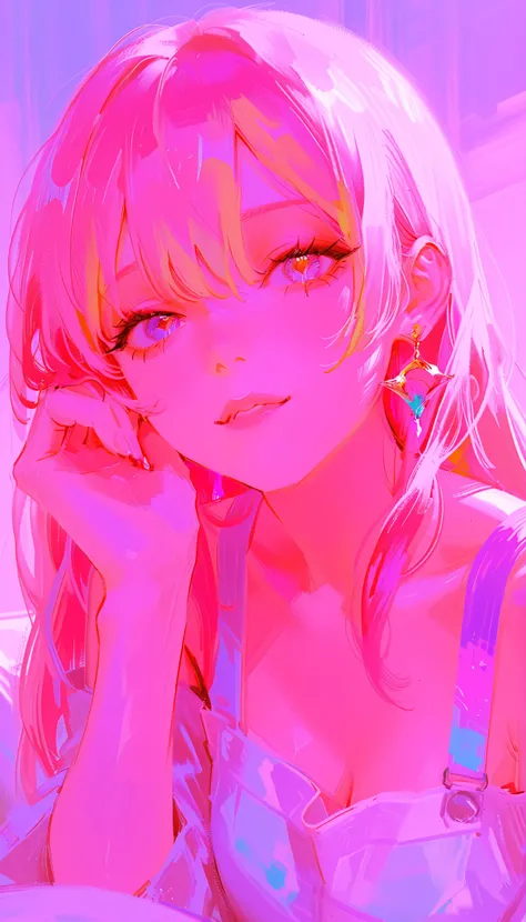 A close-up illustration focuses on the ethereal and surreal visage of a young woman. Her face is washed in a mesmerizing stream of rainbow-colored light that stretches diagonally across her eyes, nose, and lips, casting iridescent shadows and highlights. T...