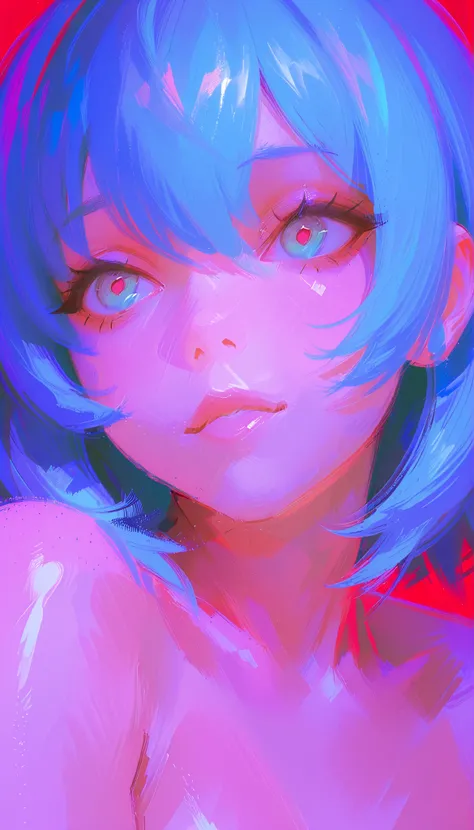 close-up of a person with blue hair and red background, Cyan and Magenta, hot pink and cyan , vivid digital painting, Vibrant Fanart , CMYK Portrait, Art Style : Ilya Kuvshinov , digital art Ilya Kuvshinov , colorful digital painting, Vivid Digital A...