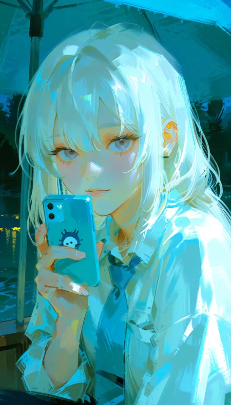 Anime girl with white hair and blue tie holding a cell phone, Beautiful Detailed Anime Art, Clean and Detailed Anime Style, Anime aesthetics, cute girl holding a sphere in a human hand anime visual, detailed digital anime art, Staring at the viewer, 2d ani...