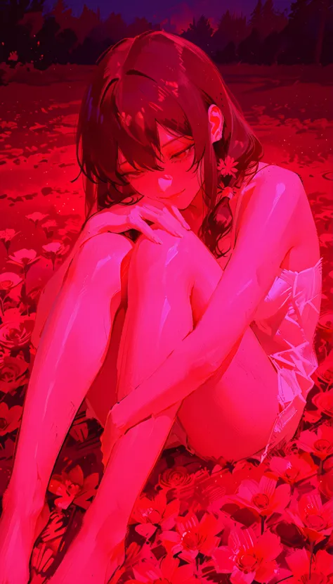 anime girl sitting in a bed of flowers with her legs crossed, sitting with flowers, yandere, with flowers, girls , Girl in Flowers, lori, covered with flowers, the anime girl is crouching, Flowers everywhere, Anime aesthetics, sitting in a field of ...