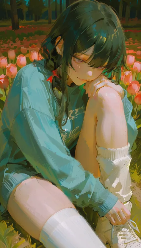 Large, There are lots of stylish tulip plants with expressive eyes and slightly melancholic expressions. Her dark hair is styled with 2 pigtails, 。are each adorned with red ribbons that match the surrounding color flowers, and 、focuses on warm and vivid c...