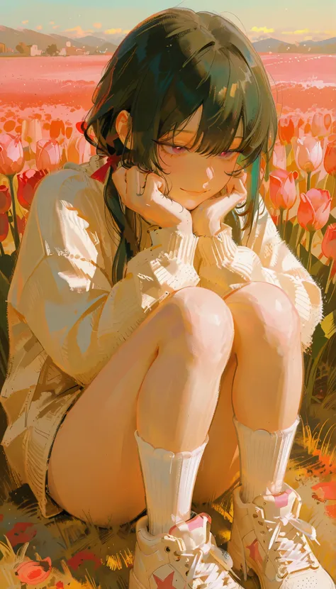 Large, There are lots of stylish tulip plants with expressive eyes and slightly melancholic expressions. Her dark hair is styled with 2 pigtails, 。are each adorned with red ribbons that match the surrounding color flowers, and 、focuses on warm and vivid c...