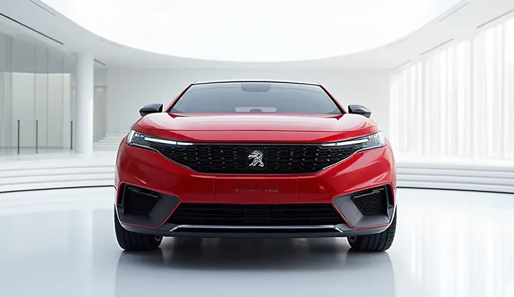 A captivating and futuristic image of the (Peugeot 3008) 2026 takes center stage in a luxurious white showroom. The car is painted in a striking vibrant (Red) hue, showcasing it's (front face), aerodynamic design with bold accents that highlight the cuttin...