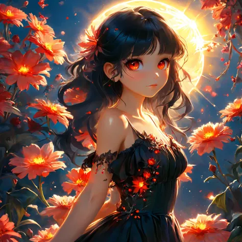 realistic, 1girl, black hair, red eyes, glowing eyes, black dress, blush, night, flowers, sun, sunlight,