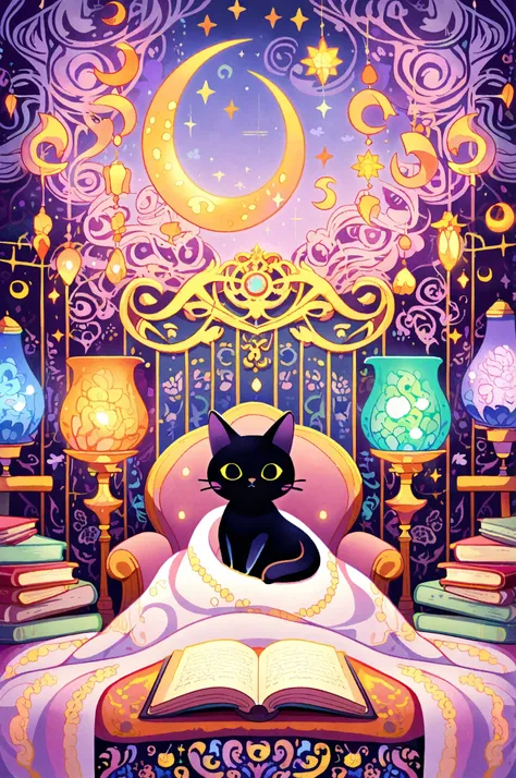 Professional graphic,whimsical illustration: A serene, clutter-free witchy bedroom with a plush, oversized armchair adorned with mystical crescent moon patterns, surround by stacks of vintage-inspired, warmly lit spell books with golden-edged pages, and sl...