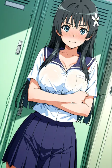 score_9,score_8_up ,score_7_up ,score_6_up ,score_5_up ,score_4_up ,(source_anime), clip skip:2,(masterpiece:1.3), NSFW,(cowboy shot),,(straight-on:1.4),saten ruiko, black hair, blue eyes, long hair, hair ornament, flower ornament,, blue skirt, pleated ski...