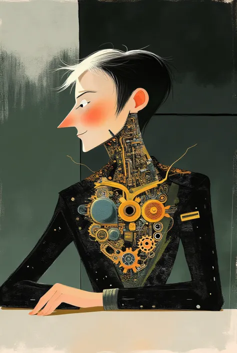  vista di profilo. Sitting on a table is a man with a mechanical heart, spaccato, You can only see one eye. sfondo:  muro e cielo