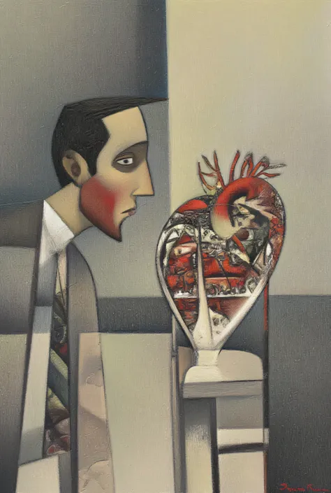  vista di profilo. Sitting on a table is a man watching his mechanical heart, spaccato, You can only see one eye. sfondo:  muro e cielo