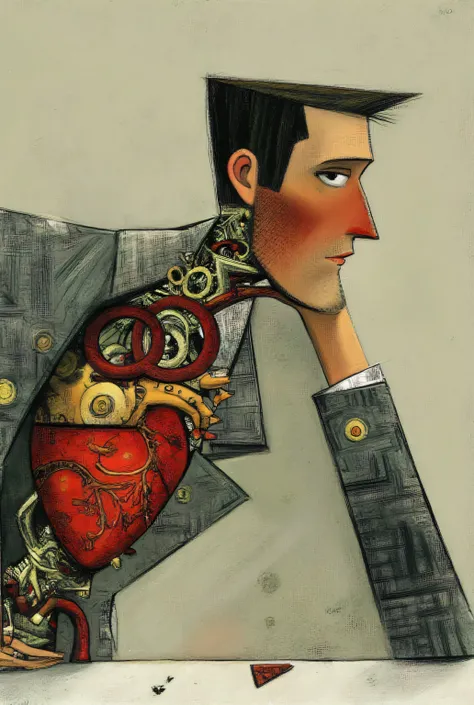  vista di profilo. Sitting on a table is a man with a mechanical heart, spaccato, You can only see one eye. sfondo:  muro e cielo