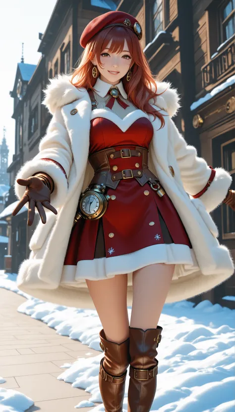 Highest Quality, photorealistic rendering, Super Detailed: character (2.0):
- say in steampunk anime style
-: head to mid-thigh
- young, energetic ninja
- short red-brown hair - expressive perspective
- A mischievous half smile
- white fluffy beret with me...