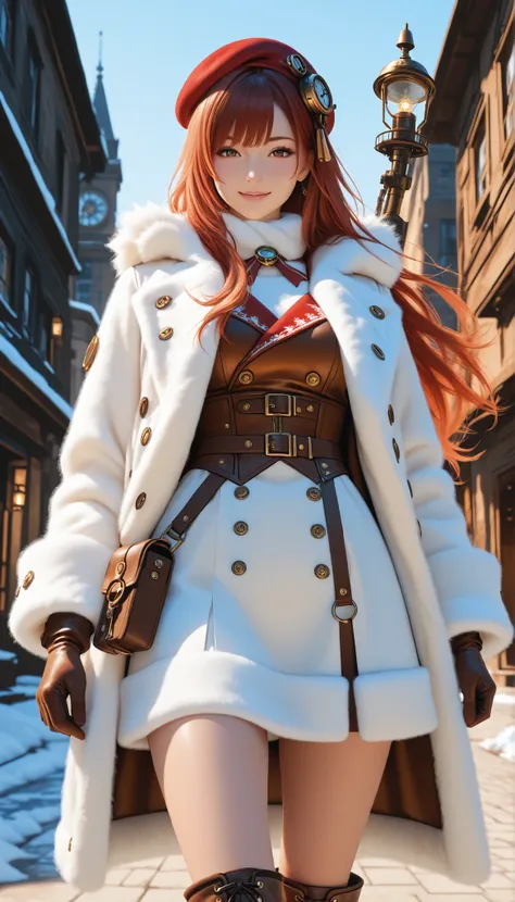 Highest Quality, photorealistic rendering, Super Detailed: character (2.0):
- say in steampunk anime style
-: head to mid-thigh
- young, energetic ninja
- short red-brown hair - expressive perspective
- A mischievous half smile
- white fluffy beret with me...
