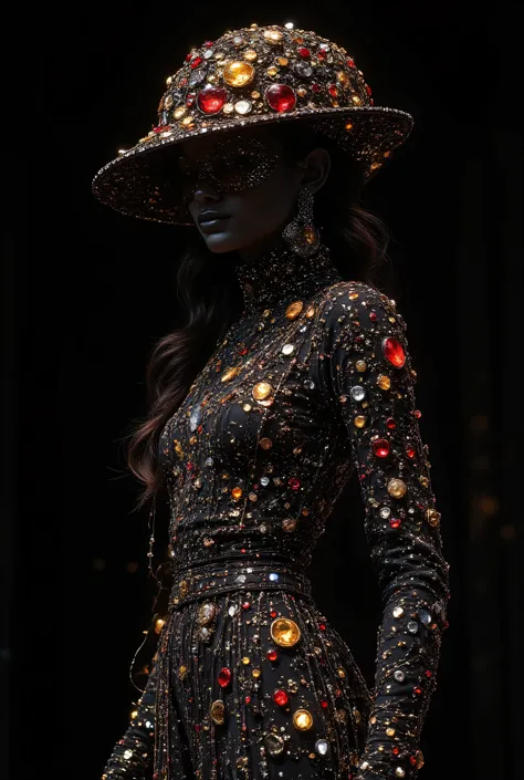  elegant,attractive design with red sapphire and yellow corundum to shape the black silhouette of a high end fashion woman, Mascot hat and sexy tight dress decorated with sparkling crystals.New Vogue style. , Deep black background highlights the brilliance...