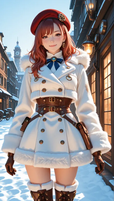 Highest Quality, photorealistic rendering, Super Detailed: character (2.0):
- say in steampunk anime style
-: head to mid-thigh
- young, energetic ninja
- short red-brown hair - expressive perspective
- A mischievous half smile
- white fluffy beret with me...