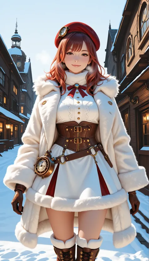 Highest Quality, photorealistic rendering, Super Detailed: character (2.0):
- say in steampunk anime style
-: head to mid-thigh
- young, energetic ninja
- short red-brown hair - expressive perspective
- A mischievous half smile
- white fluffy beret with me...