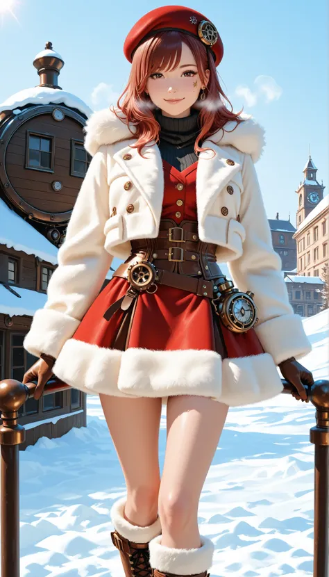 Highest Quality, photorealistic rendering, Super Detailed: character (2.0):
- say in steampunk anime style
-: head to mid-thigh
- young, energetic ninja
- short red-brown hair - expressive perspective
- A mischievous half smile
- white fluffy beret with me...