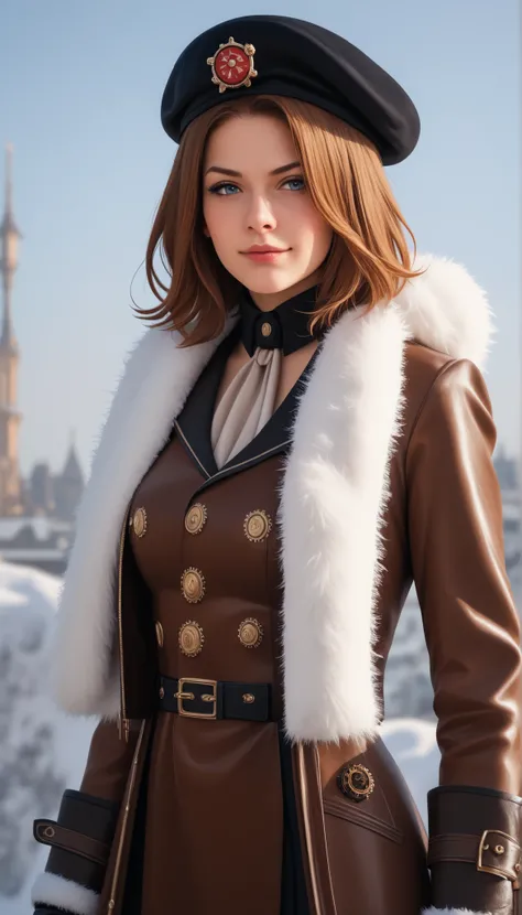 Highest Quality, photorealistic rendering, Super Detailed: character (2.0):
- say in steampunk anime style
-: head to mid-thigh
- young, energetic ninja
- short red-brown hair - expressive perspective
- A mischievous half smile
- white fluffy beret with me...