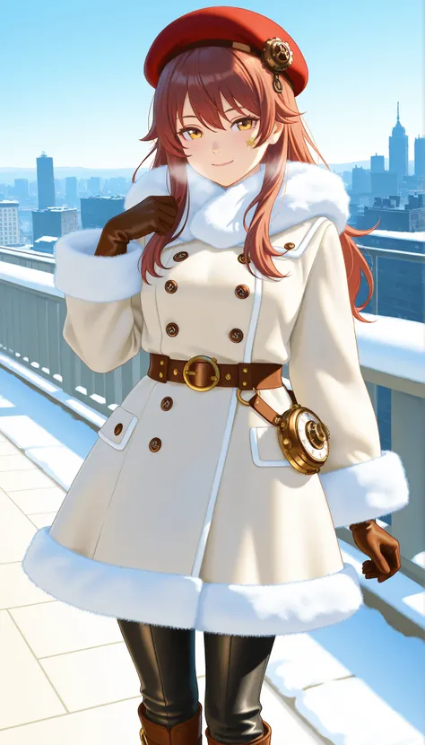 Highest Quality, photorealistic rendering, Super Detailed: character (2.0):
- say in steampunk anime style
-: head to mid-thigh
- young, energetic ninja
- short red-brown hair - expressive perspective
- A mischievous half smile
- white fluffy beret with me...