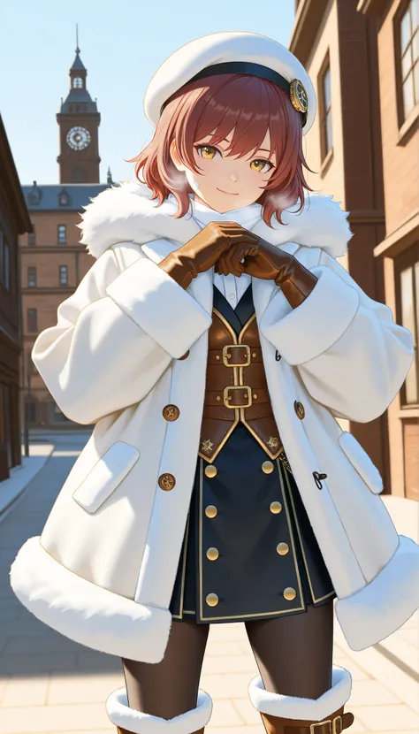 Highest Quality, photorealistic rendering, Super Detailed: character (2.0):
- say in steampunk anime style
-: head to mid-thigh
- young, energetic ninja
- short red-brown hair - expressive perspective
- A mischievous half smile
- white fluffy beret with me...