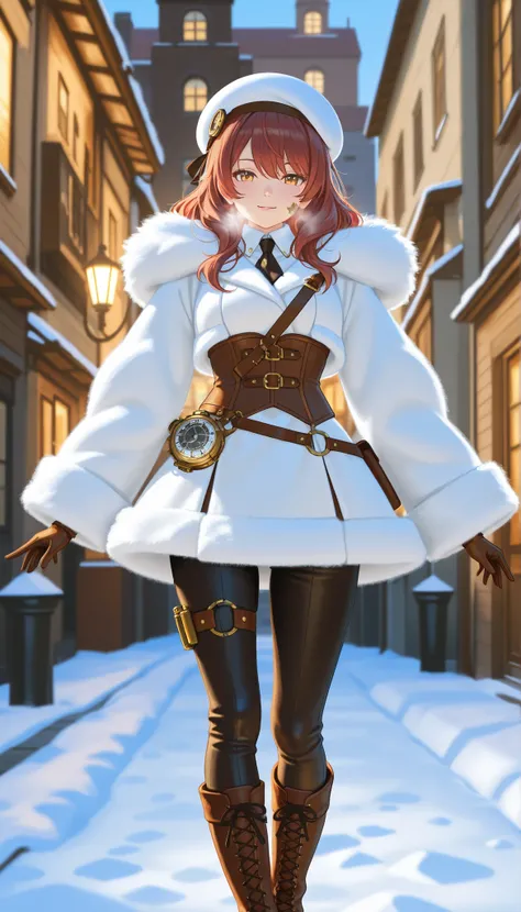 Highest Quality, photorealistic rendering, Super Detailed: character (2.0):
- say in steampunk anime style
-: head to mid-thigh
- young, energetic ninja
- short red-brown hair - expressive perspective
- A mischievous half smile
- white fluffy beret with me...