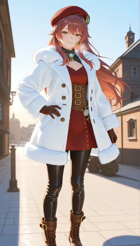 Highest Quality, photorealistic rendering, Super Detailed: character (2.0):
- say in steampunk anime style
-: head to mid-thigh
- young, energetic ninja
- short red-brown hair - expressive perspective
- A mischievous half smile
- white fluffy beret with me...