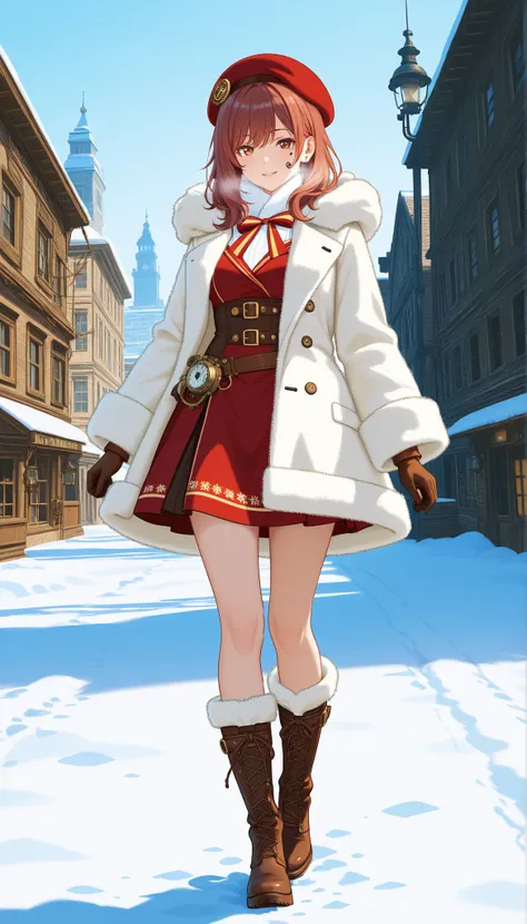 Highest Quality, photorealistic rendering, Super Detailed: character (2.0):
- say in steampunk anime style
-: head to mid-thigh
- young, energetic ninja
- short red-brown hair - expressive perspective
- A mischievous half smile
- white fluffy beret with me...