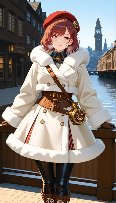 Highest Quality, photorealistic rendering, Super Detailed: character (2.0):
- say in steampunk anime style
-: head to mid-thigh
- young, energetic ninja
- short red-brown hair - expressive perspective
- A mischievous half smile
- white fluffy beret with me...