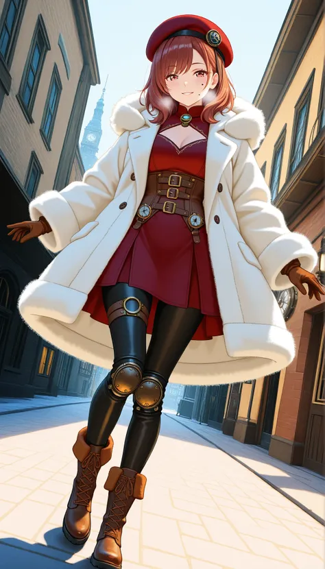 Highest Quality, photorealistic rendering, Super Detailed: character (2.0):
- say in steampunk anime style
-: head to mid-thigh
- young, energetic ninja
- short red-brown hair - expressive perspective
- A mischievous half smile
- white fluffy beret with me...