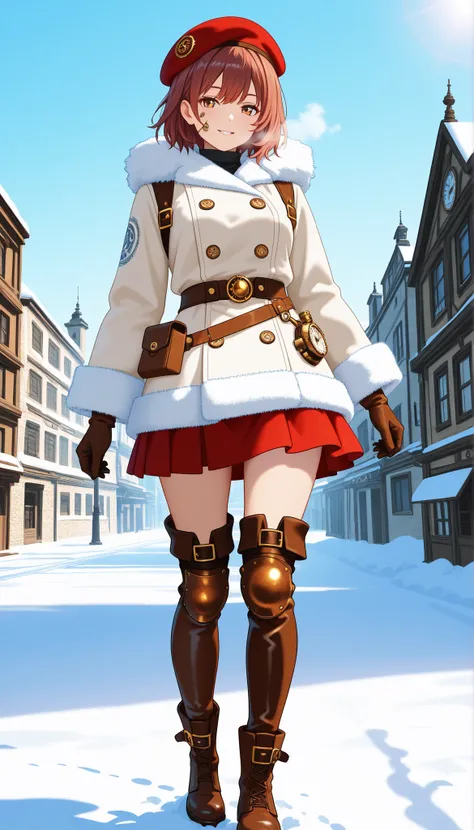 Highest Quality, photorealistic rendering, Super Detailed: character (2.0):
- say in steampunk anime style
-: head to mid-thigh
- young, energetic ninja
- short red-brown hair - expressive perspective
- A mischievous half smile
- white fluffy beret with me...