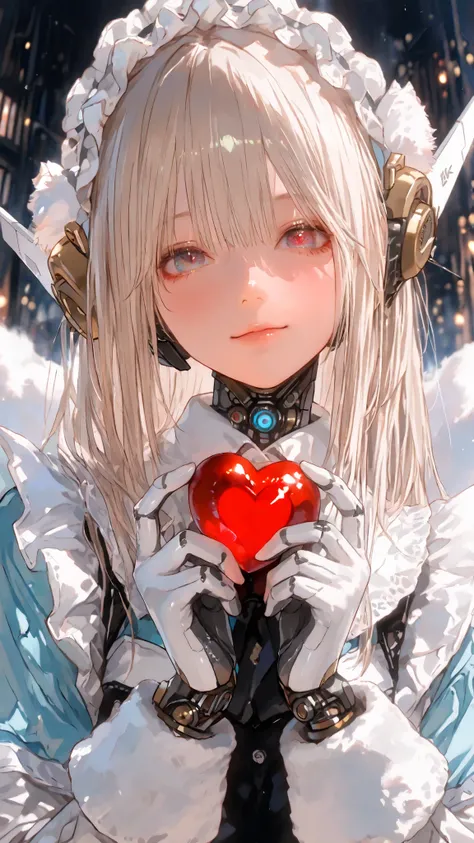 with both hands、Hiraga Genchi's mechanical doll, Japanese dolls , Representative Works , professional, holding the heart of the machine with both hands {x} with a very elaborate and detailed mechanical mechanism、holding the heart of the machine with...