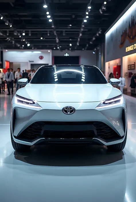 (2027 Toyota Raize Space), futuristic compact SUV, showcased in a premium automotive showroom, glossy floor reflection,  luxury car exhibition lighting, high-detail exterior design, cinematic rendering, professional studio photography, vehicle color: pure ...
