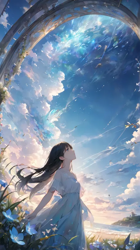 One Wheel of Thoughts、One Flower's Garden、One Flower's Forgotten Grass、静かに立つ1人のephemeral expressionの少女、A world in dreams where the sky and sea are like glass、ephemeral expression、Glass-like sky 、A sea like glass、black hair and very long super long hair、loo...