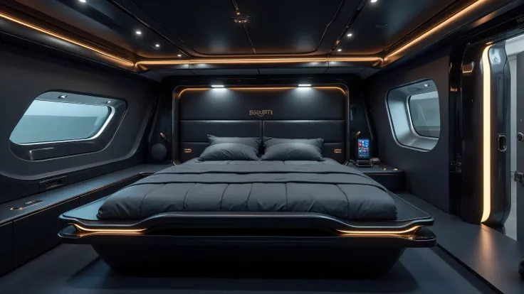 DE_style, A compact futuristic bedroom inside the Bugatti motorhome, designed with a low-profile premium leather bed in sleek black, featuring chrome trim edges and Bugatti-style stitching that echoes the car’s signature elegance. The walls and ceiling are...