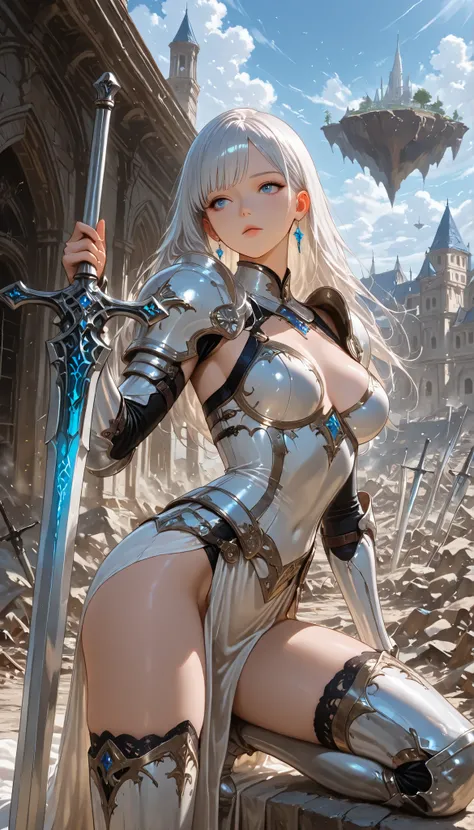 (Fantasy Art),(masterpieces that pass censorship),(2.5D Style),high quality,(Perfect Anatomy),(perfect fingers),((1girl)),((solo)),(medium breasts),slender body,Silver Shorthair,((Holding a shining sword in his hand)),beautiful detailed blue eyes,Beautiful...