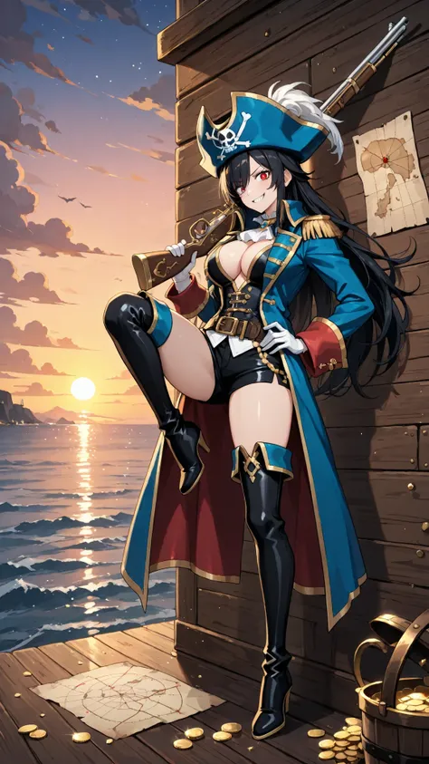 very weak woman, Finest Depiction, Delicate Details, Pirate Queen , Long Purplish Black Hair, Provocative Smiles, Gold Accessories, white and blue pirate suit with an open chest, shorts with back of head, thigh high boots with SM whips, Carrying a musket o...