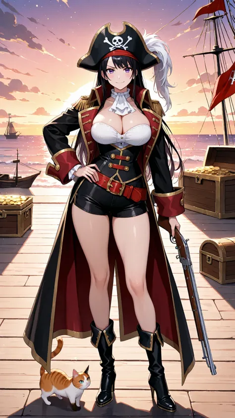 High Quality, masterpiece, Detailed, 1 woman, long black hair, Purple Eyes, Confident expression, plump breasts, slim waist, long legs, black and gold pirate coat, Highly Exposing Clothes, red belt, shorts with back of head, High Heel Boots, Pirate Hat, Mu...