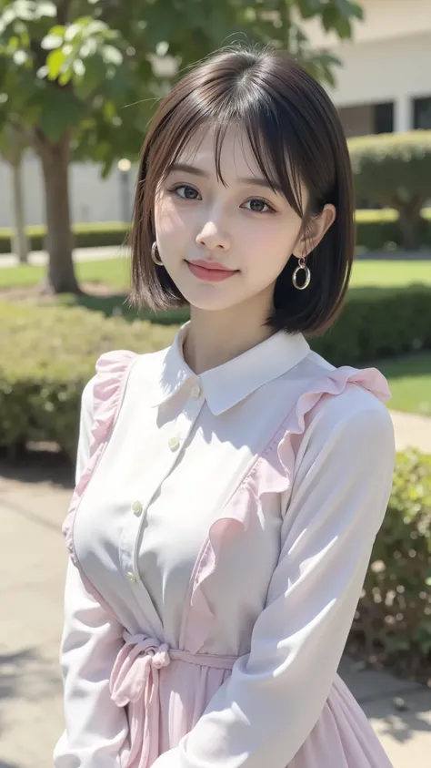 Close up of a woman in a pink ruffle dress posing for a photo shoot, A Realistic Young Gravure Idol, Sakimi-chan, Young Cute Gravure Idol, young and cute girl, Babyface, cute young woman , Chiho, cute cute girl, With a cute face, with short hair, ((big b...